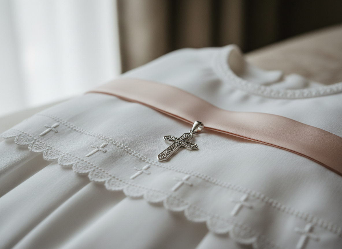 A close-up of a small, intricately detailed silver cross pendant lying atop a folded, hand-finished white baptism garment made of fine cotton with subtle lace edging. The fabric’s texture is soft and matte, with delicate embroidery forming tiny crosses along the hem. Beneath it, a pale blush silk sash peeks out, adding a refined touch of color. Gentle, indirect daylight from a nearby window washes over the scene, creating soft shadows in the garment’s folds and a delicate gleam on the polished metal cross. Photographed with a shallow depth of field at a low angle, the cross and embroidery are crisp while the background fades into a velvety blur. The atmosphere is intimate, pure, and sophisticated in a realistic photographic style.