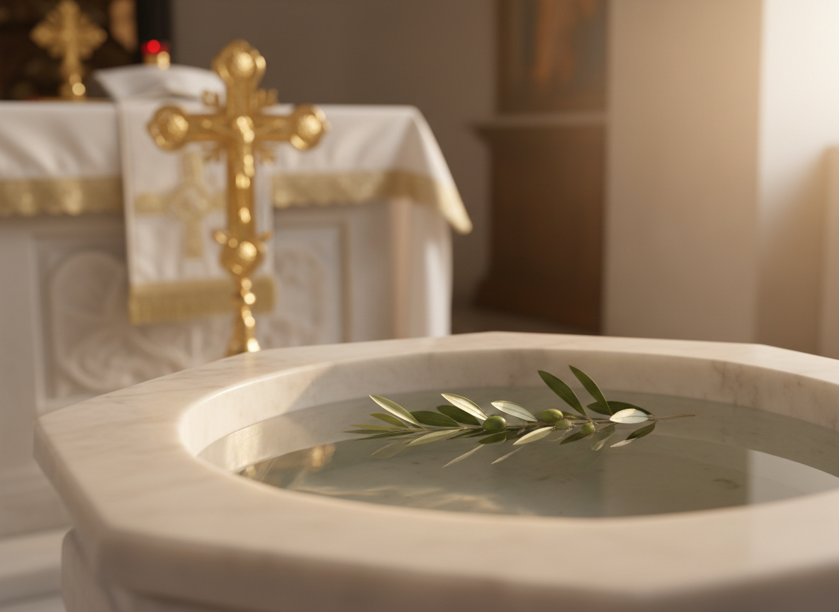 A refined still life of a baptismal font crafted from polished white stone, its basin filled with perfectly still, crystal-clear water. A single olive branch floats on the surface, its deep green leaves contrasting with the pale stone. In the background, softly blurred, stands an ornate golden Orthodox cross positioned on an altar draped with ivory linen. Warm, golden-hour light streams from the right, illuminating the water’s surface and creating delicate reflections on the inner rim of the font. Captured from a slightly elevated, three-quarter angle, the focus rests on the tranquil water while the cross remains subtly recognizable. The mood is sacred and peaceful, with photographic realism and a minimalist, sophisticated aesthetic.