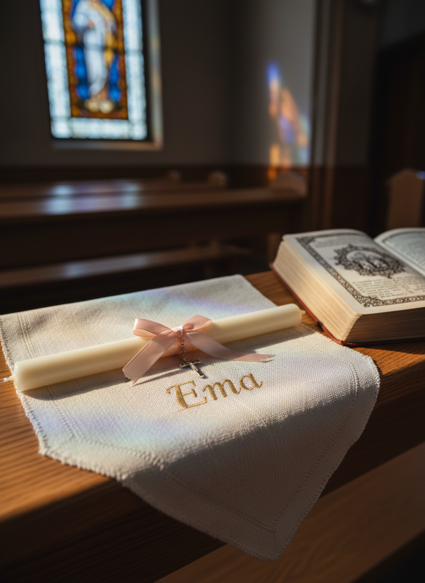 A delicate, ivory christening candle resting on a finely woven linen cloth embroidered with the name “Ема” in subtle gold thread. The candle is adorned with a soft blush satin ribbon and a tiny silver cross charm, its wax surface smooth and slightly glossy. It lies on a polished oak church pew beside an open prayer book with ornate Cyrillic script. Late afternoon sunlight filters through a stained glass window, casting muted pastel reflections across the scene. Photographed at eye level with a shallow depth of field, the candle is in sharp focus while the background dissolves into a gentle bokeh. The mood is serene, reverent, and sophisticated, captured in clean photographic realism.