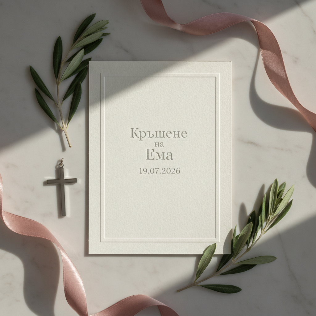 An elegant flat lay of a cream-colored christening invitation for “Кръщене на Ема 19.07.2026” printed on thick, textured cotton paper with embossed borders and refined serif typography in soft gray. The card rests on a pale marble surface, surrounded by delicate olive branches, a minimalist silver cross pendant, and a silk ribbon in dusty rose looping gracefully around the edges. Soft, diffused natural light from a nearby window creates gentle highlights on the paper texture and subtle shadows from the foliage. Shot from a perfectly overhead, bird’s-eye view, the composition is balanced and uncluttered, emphasizing sophistication and calm. The photographic style is clean, modern, and timeless, ideal as a hero image for a baptism invitation website.