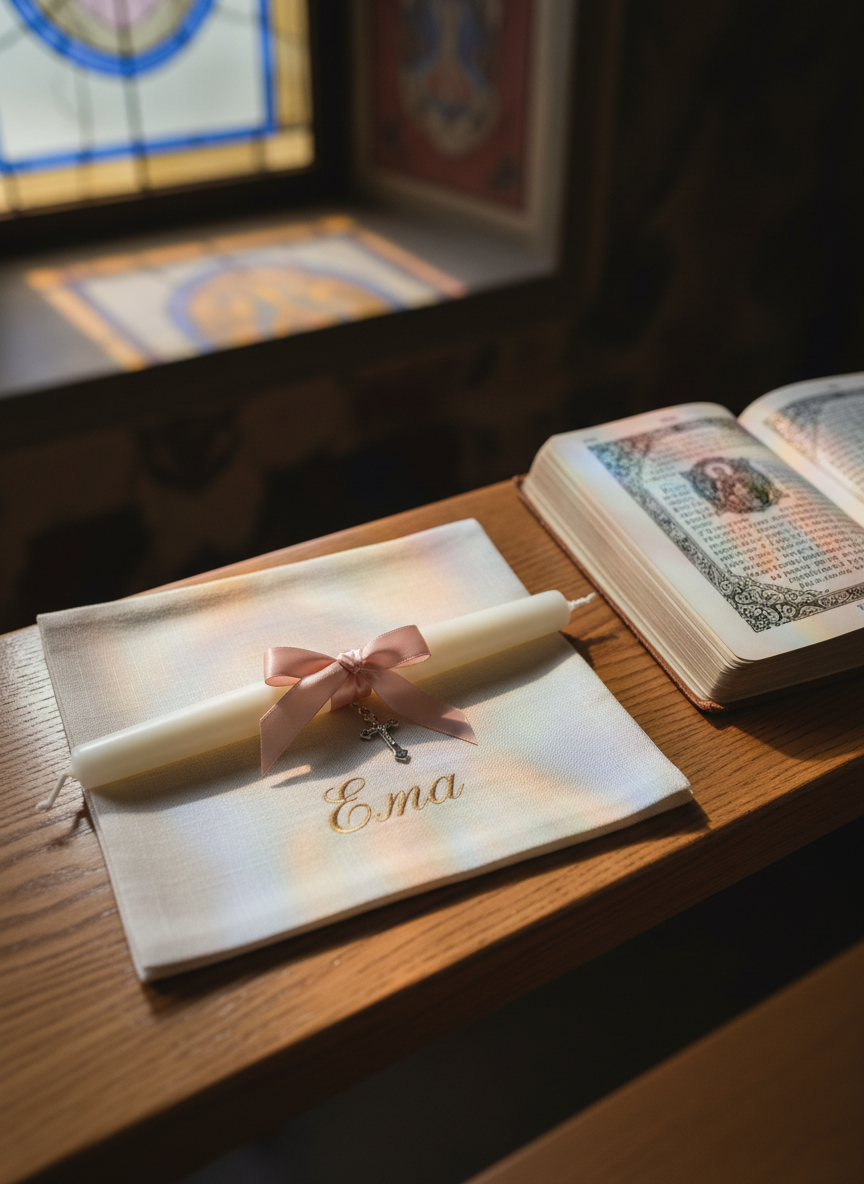 A delicate, ivory christening candle resting on a finely woven linen cloth embroidered with the name “Ема” in subtle gold thread. The candle is adorned with a soft blush satin ribbon and a tiny silver cross charm, its wax surface smooth and slightly glossy. It lies on a polished oak church pew beside an open prayer book with ornate Cyrillic script. Late afternoon sunlight filters through a stained glass window, casting muted pastel reflections across the scene. Photographed at eye level with a shallow depth of field, the candle is in sharp focus while the background dissolves into a gentle bokeh. The mood is serene, reverent, and sophisticated, captured in clean photographic realism.