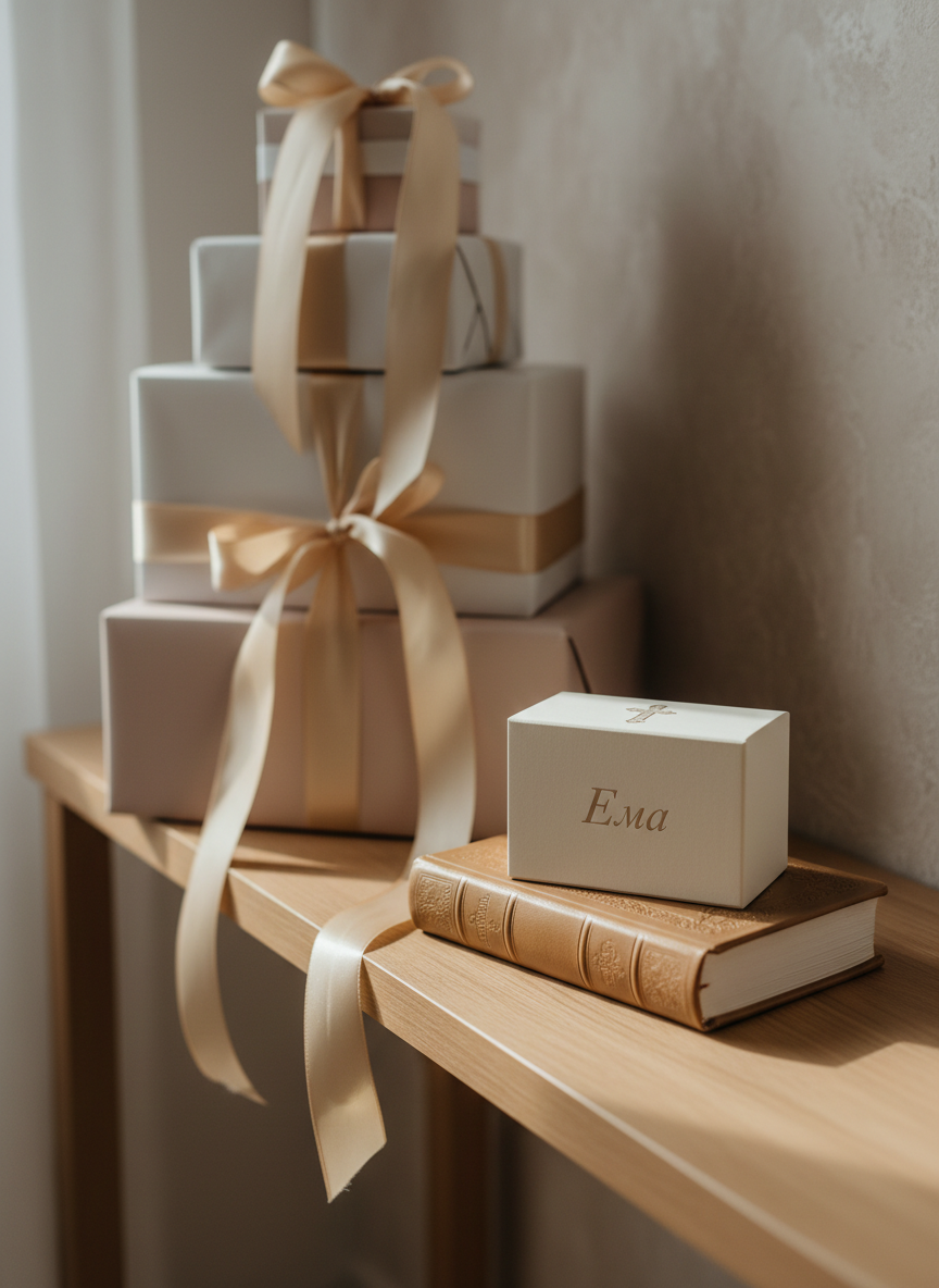 An artfully arranged baptism gift corner, featuring a stack of neatly wrapped presents in matte white and soft blush paper, tied with silk ribbons in champagne and pale gold. Atop the stack rests a small ivory box embossed with a subtle cross symbol and the name “Ема” in fine lettering. Nearby lies a leather-bound prayer book in warm taupe with gilded page edges. The items are placed on a light wooden console against a softly textured, neutral wall. Natural daylight from the side creates refined highlights on the ribbons and gentle shadows under the boxes. Captured at eye level with a shallow depth of field, the foremost gift box is in crisp focus while the background gifts softly recede. The atmosphere is refined, warm, and intimate, rendered in sophisticated photographic realism.
