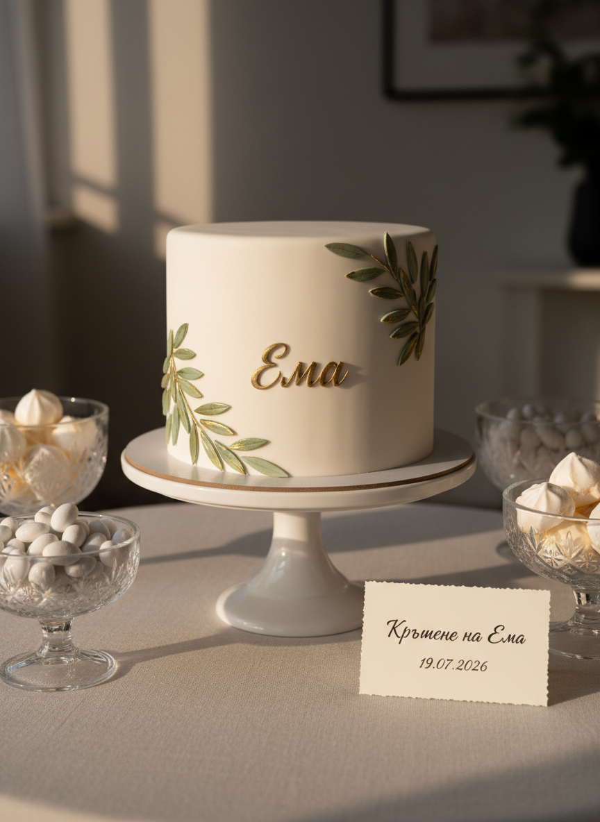 A sophisticated dessert table arrangement prepared for a christening celebration, featuring a single-tier white cake with a smooth fondant finish, decorated with minimalist sugar olive leaves and the name “Ема” scripted in elegant gold lettering. The cake stands on a simple porcelain pedestal atop a light linen tablecloth. Around it, crystal bowls hold white sugared almonds and delicate vanilla meringues, while a discreet place card reads “Кръщене на Ема 19.07.2026” in refined calligraphy. Soft, warm evening light from the left casts gentle shadows and subtle highlights on the cake’s surface. Shot at a slightly elevated angle with medium depth of field, the cake is the clear focal point while glassware and confections form a softly blurred, luxurious backdrop. The mood is celebratory yet understated, with clean, modern photographic realism.